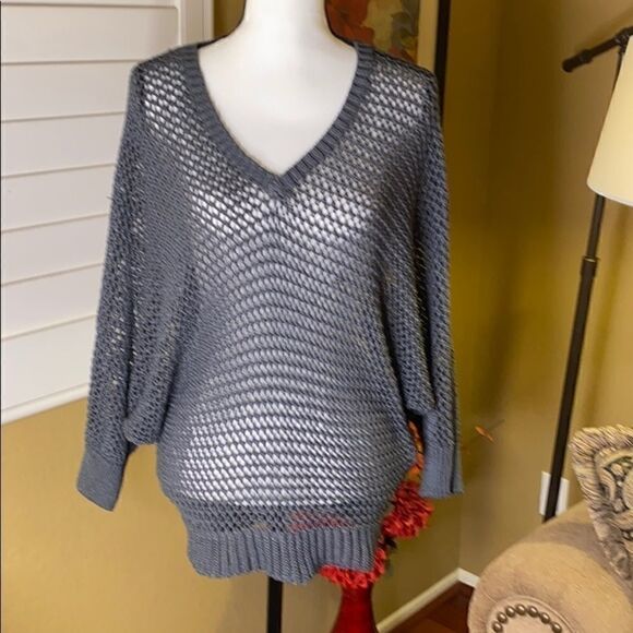 Lantern Sleeve Solid Sweater V-Neck Waffle Knit - Picture 1 of 5